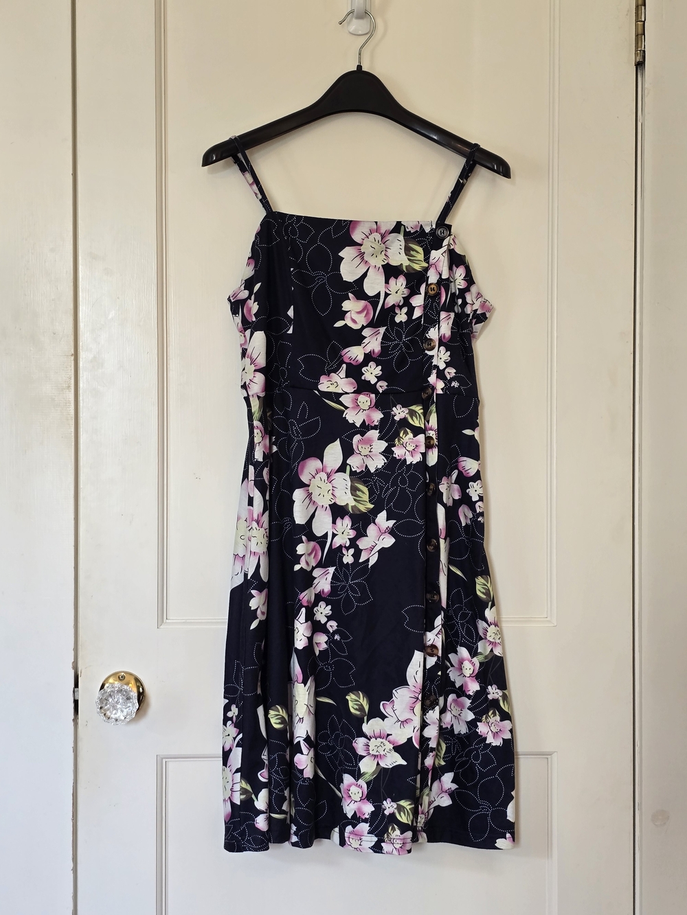 Floral Spaghetti-Strap A-Line Dress in Black and Pink LARGE